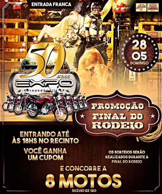 Expô de Fernandópolis sorteia 8 motos para o público no domingo 