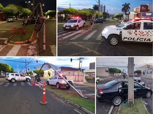 Carro derruba semáforo no centro de Fernandópolis