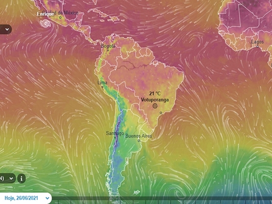 Tela do radar Ventusky mostra massa polar em direção ao Brasil 