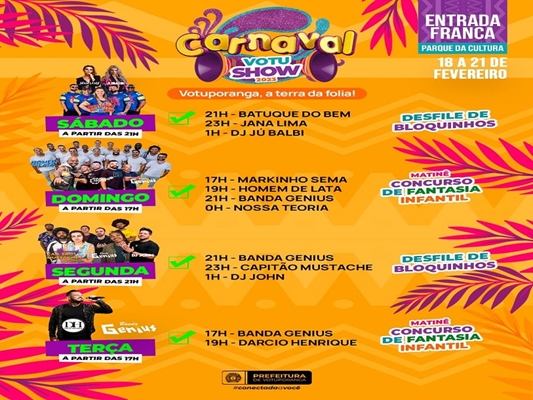 Confira a programação completa do Carnaval Votu Show